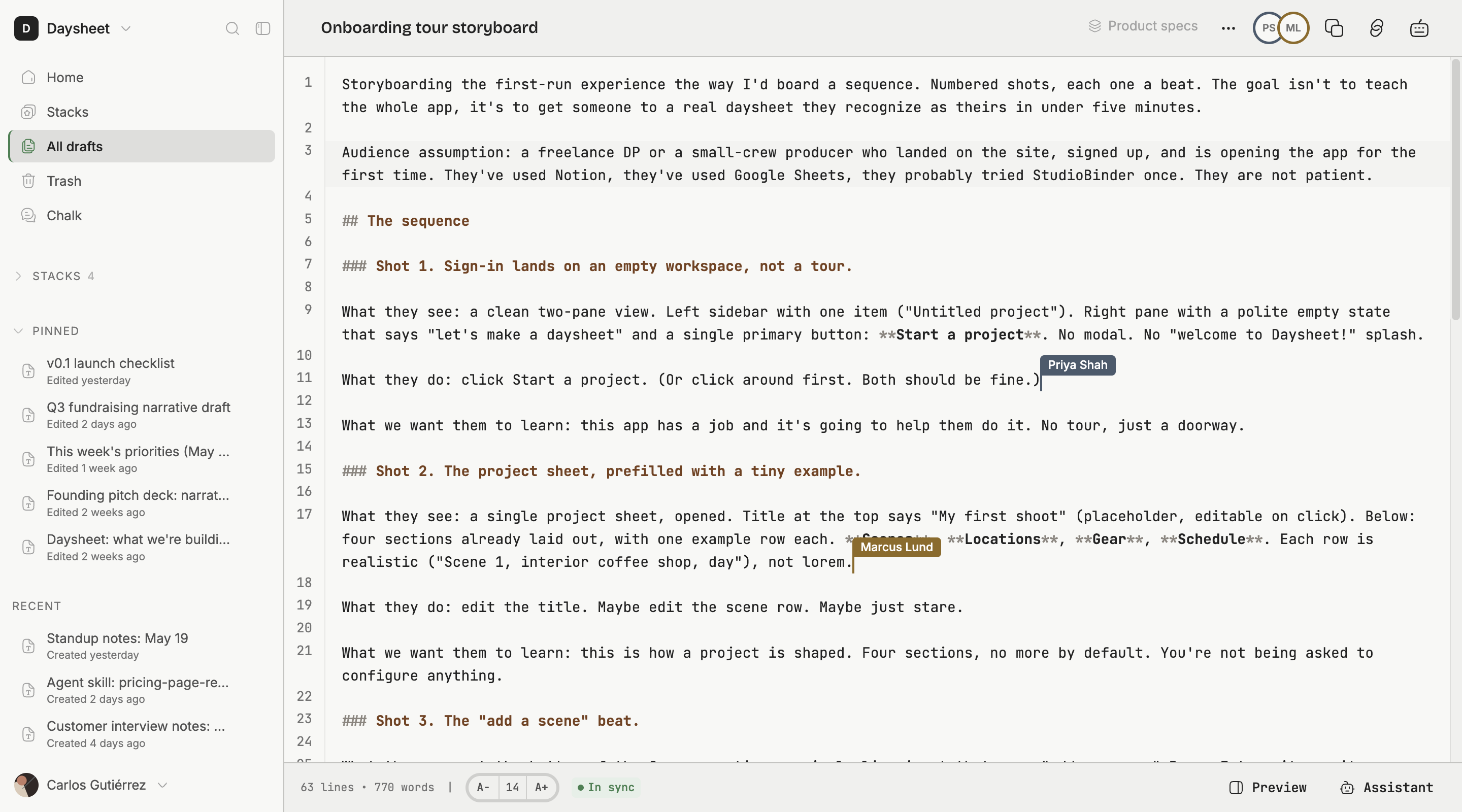 The Ramble app: a markdown source-text editor with line numbers and syntax highlighting, a sidebar of stacks and drafts, and two people editing the same document live.